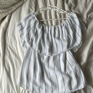 White House Black Market, blue white and black striped, off the shoulder shirt.